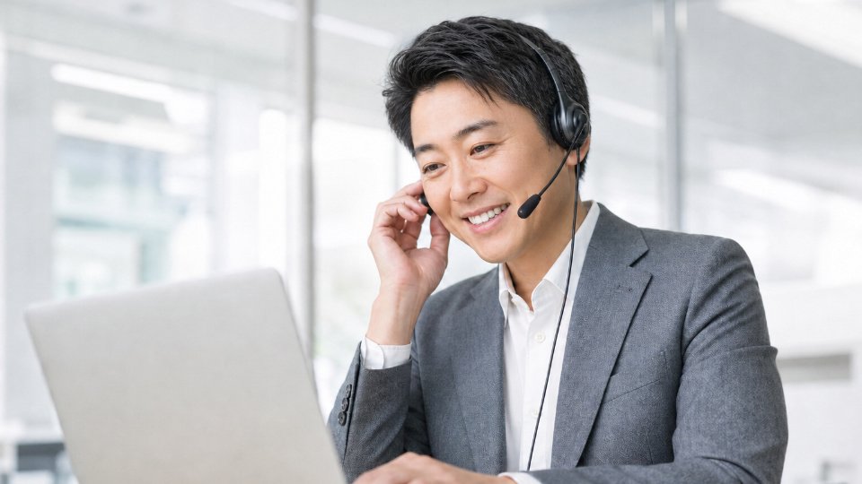 ヘッドセットでオンライン打ち合わせに応じる担当者