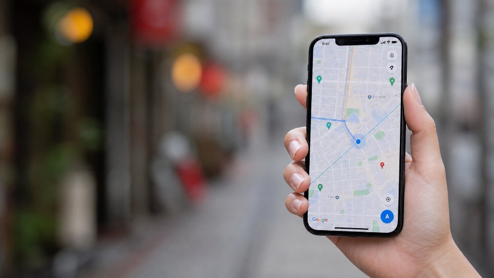 街中でGoogleマップを表示したスマートフォンを持つ手