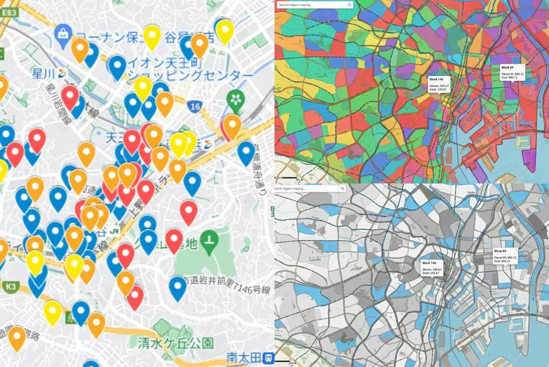地図上に店舗や世帯データを重ねて配布エリアを分析した画面