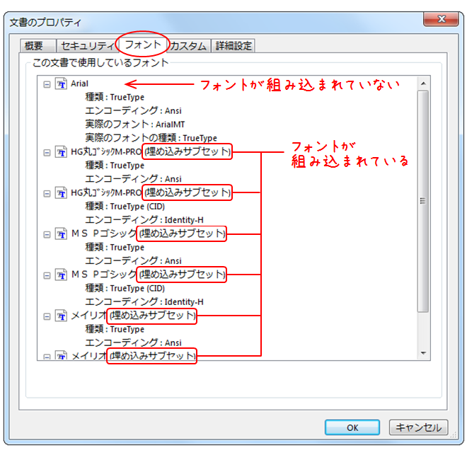 フォント埋め込みの確認方法