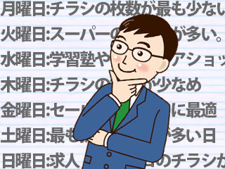 折込チラシの曜日による違いを見て納得している男性